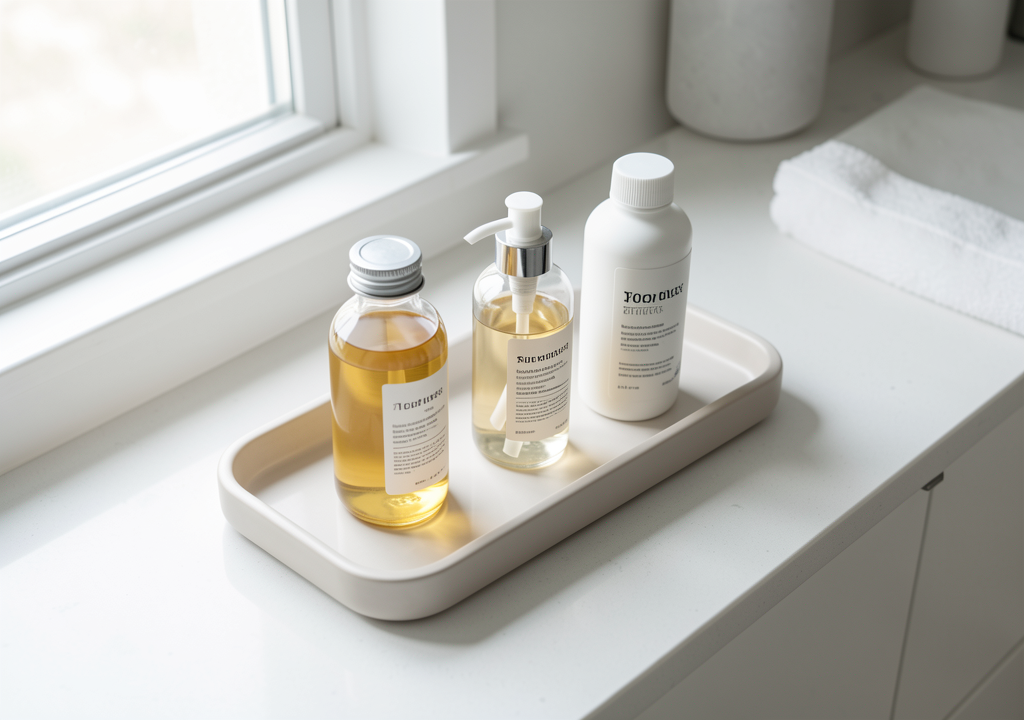 Rental bathroom counter with ceramic tray, three products, small mirror, folded hand towel, and warm light - planning view