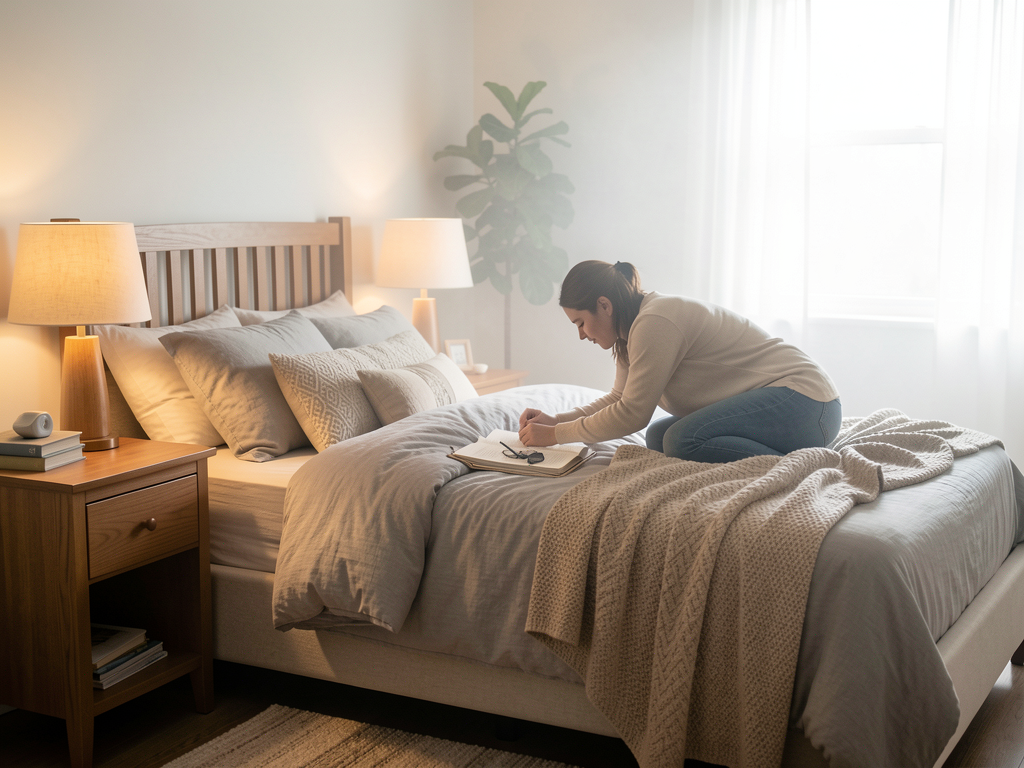 Calm bedroom with layered linen bedding, warm bedside lighting, and uncluttered nightstands - planning view
