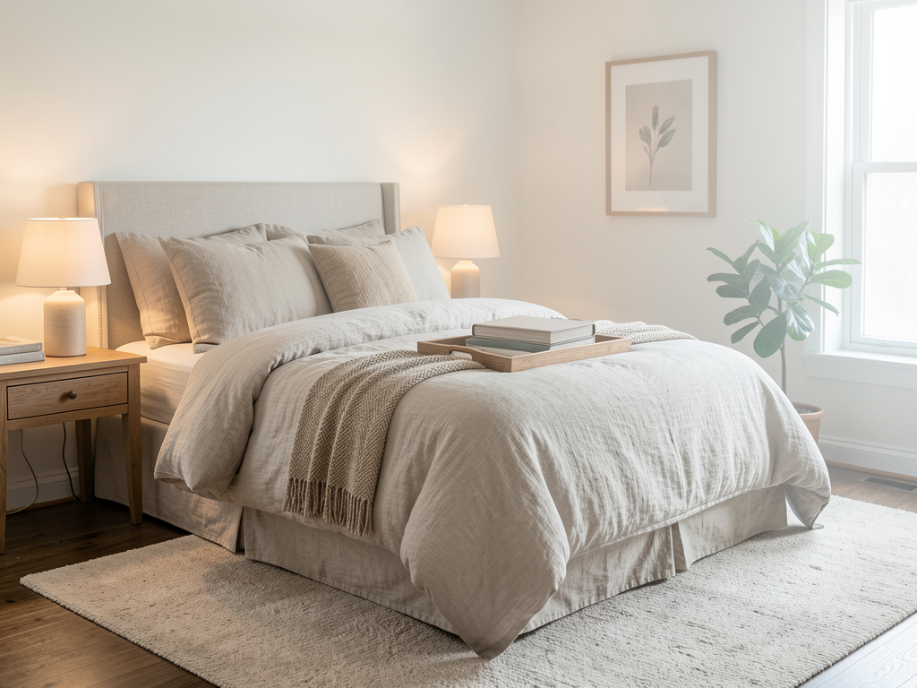 Calm bedroom with layered linen bedding, warm bedside lighting, and uncluttered nightstands - finished detail