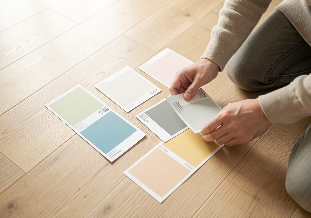 Material board showing light oak floor with warm undertone paint swatches, cool stone samples, and neutral fabric swatches in natural daylight - planning view