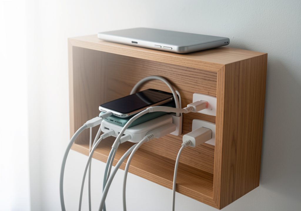 Living room charging station with wood tray, cable management box, phone stand, and visible outlet - planning view