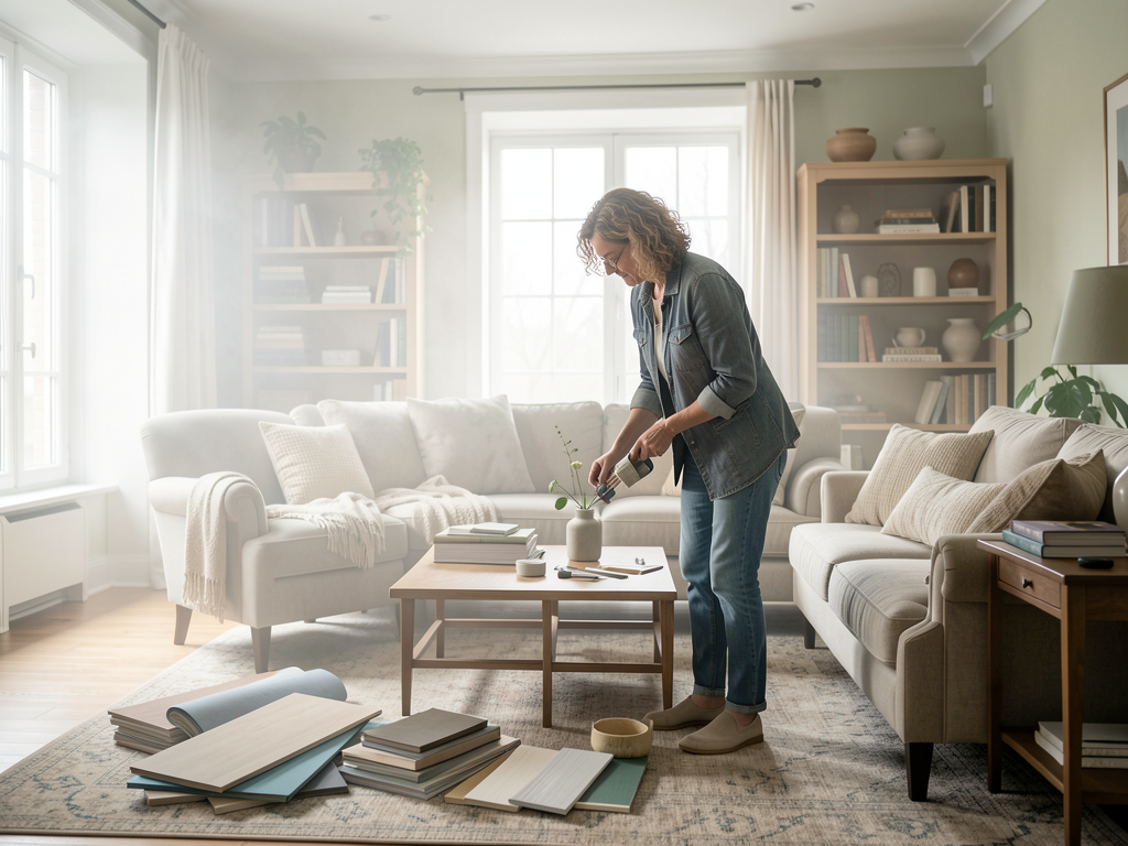 Interior material board with wood, stone, fabric swatches, muted blue paint, and brass hardware in natural light - planning view
