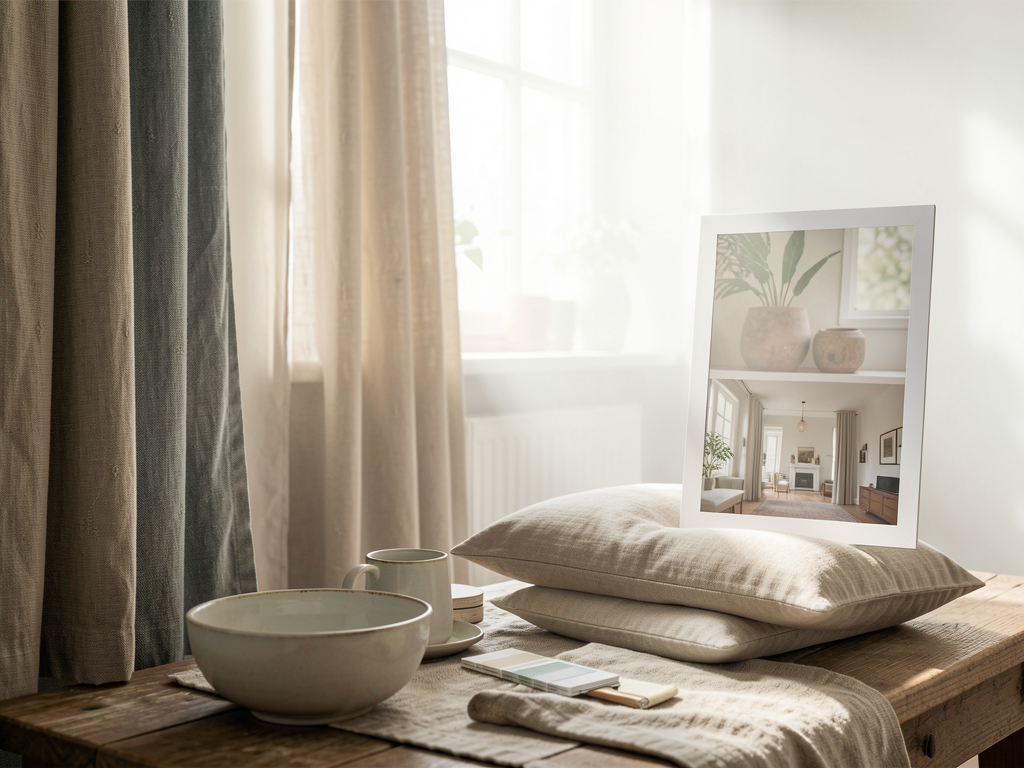 Interior material board with wood, stone, fabric swatches, muted blue paint, and brass hardware in natural light - finished detail