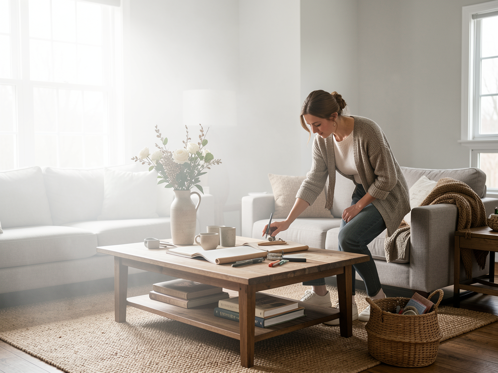 Coffee table with books, ceramic bowl, low greenery, and empty usable space in a real living room - planning view