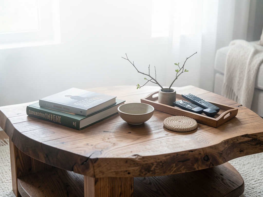 Coffee table with books, ceramic bowl, low greenery, and empty usable space in a real living room - finished detail