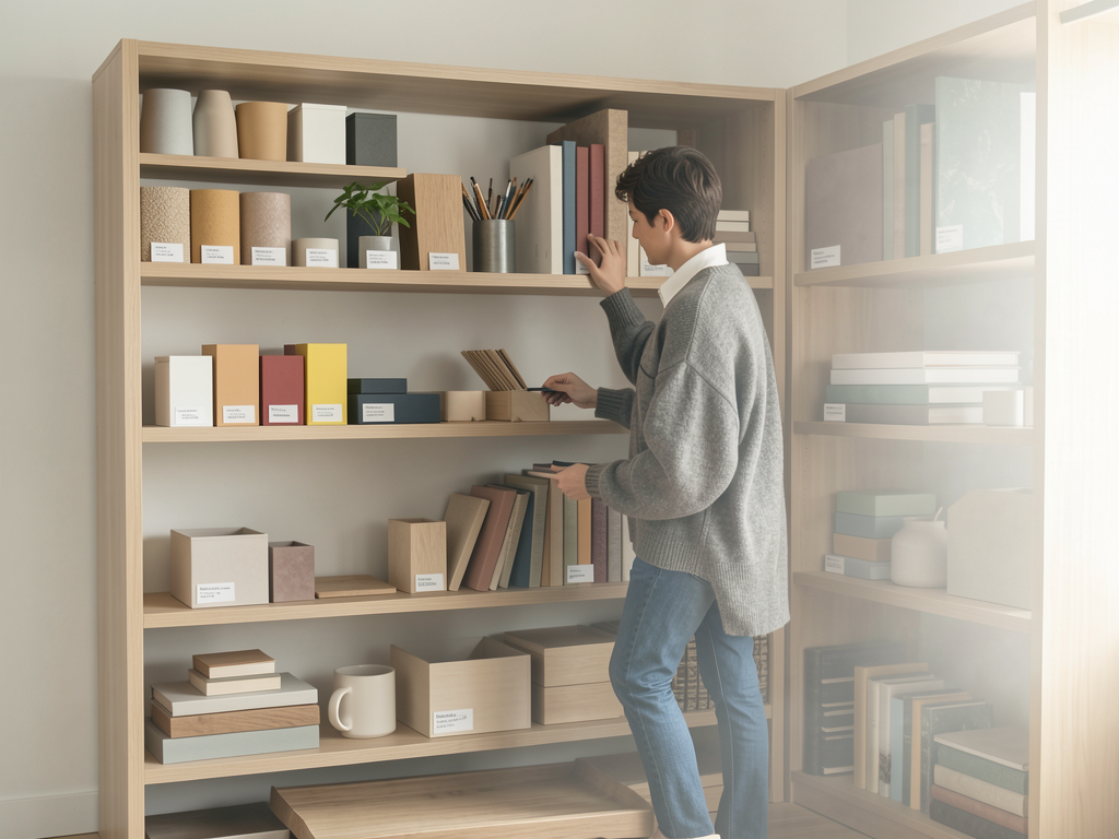 Open shelf being organized by color, wood, ceramic, metal, and repeated shapes - planning view