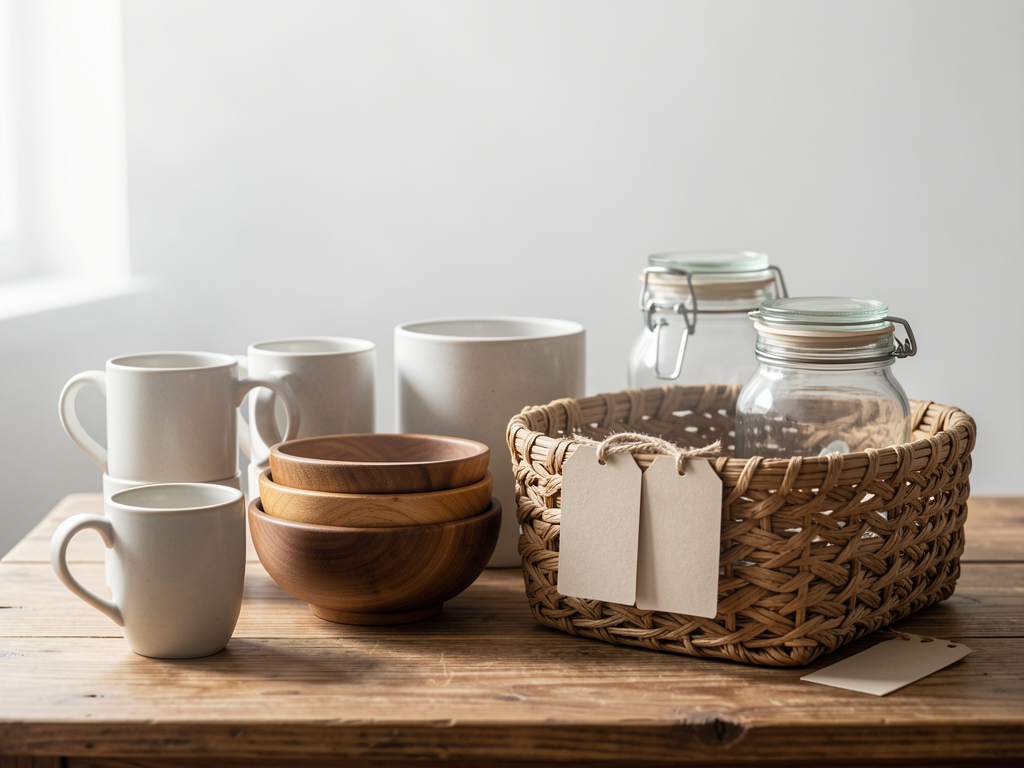 Open shelf being organized by color, wood, ceramic, metal, and repeated shapes - finished detail