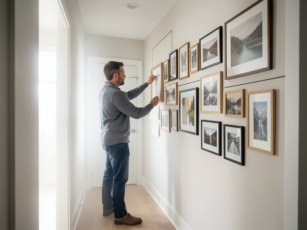 Gallery wall layout planned with paper templates, tape measure, frames, and pencil marks - planning view