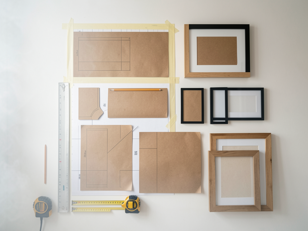 Gallery wall layout planned with paper templates, tape measure, frames, and pencil marks - finished detail
