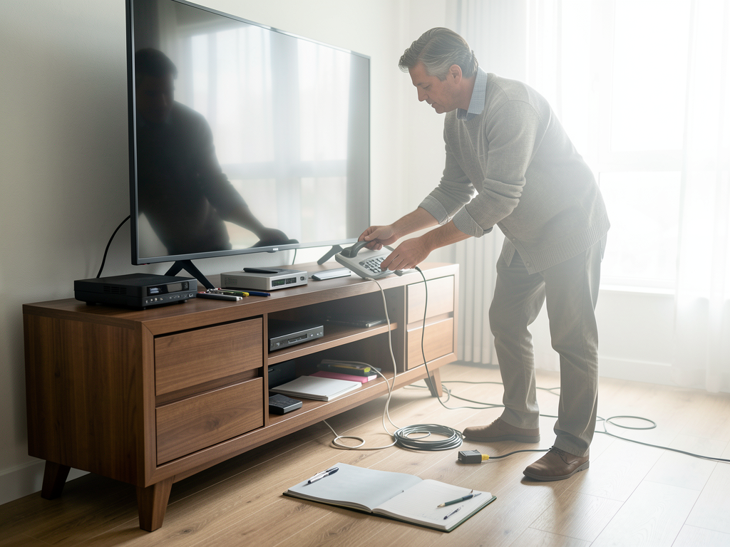 Media console with baskets, closed boxes, open tray, and neatly routed cables - planning view