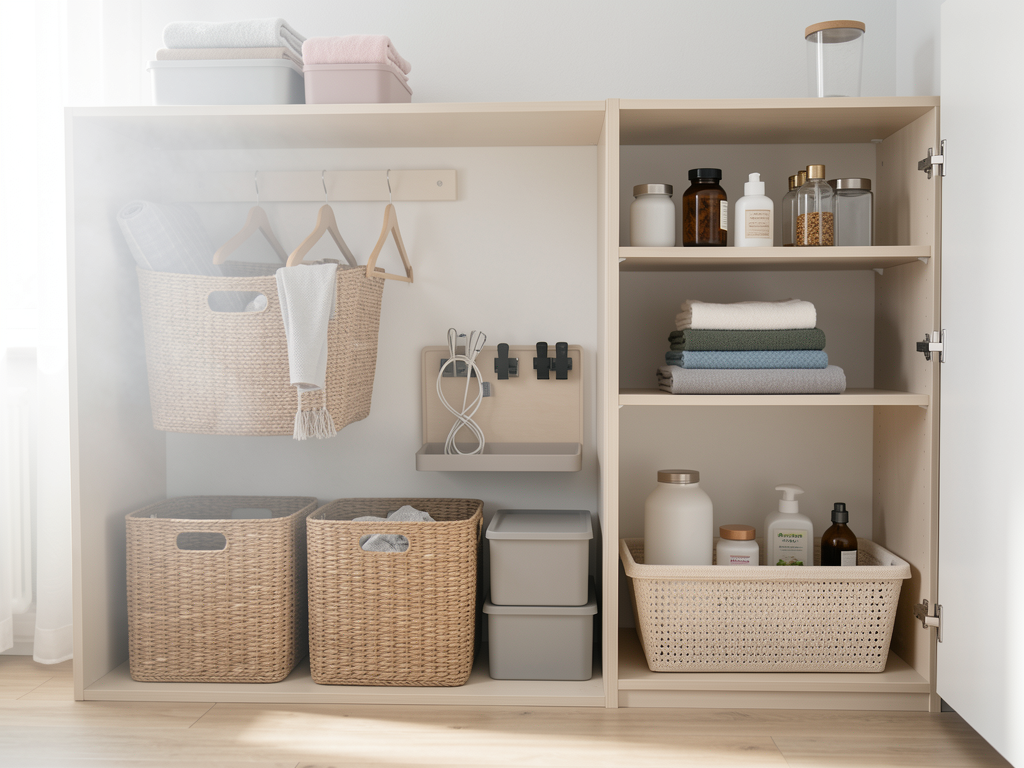 Media console with baskets, closed boxes, open tray, and neatly routed cables - finished detail