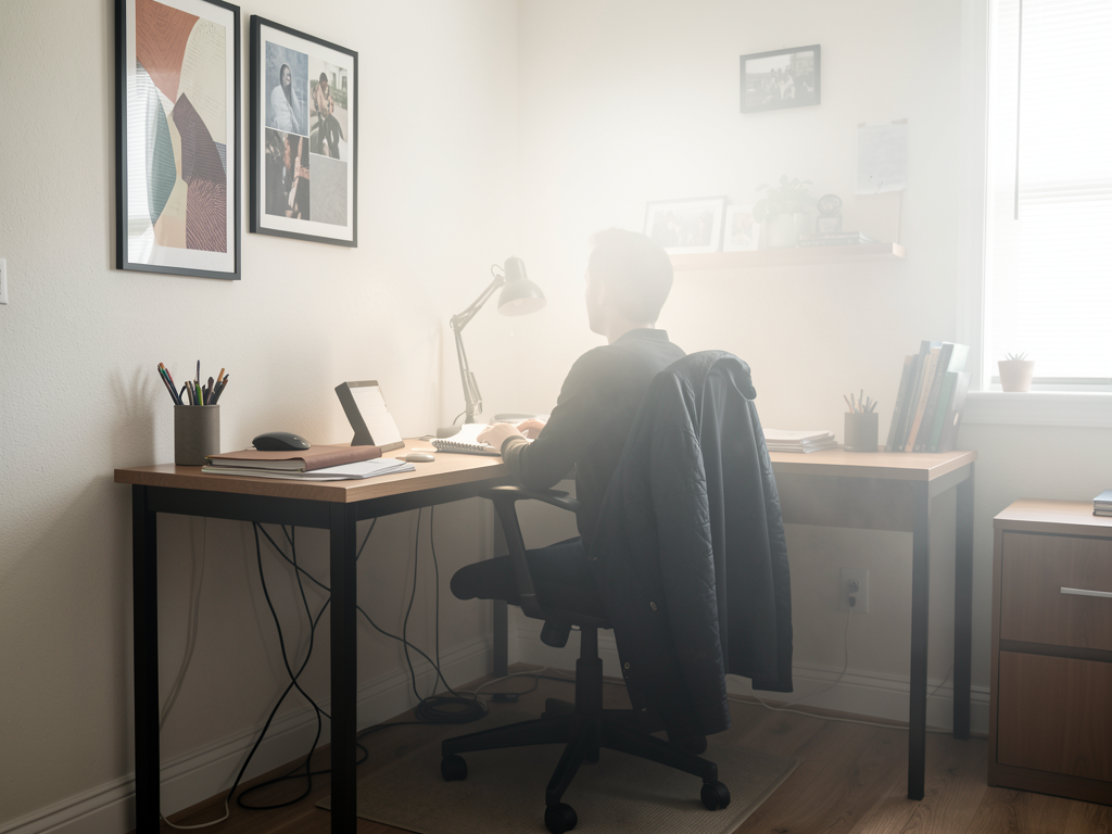 Compact home office corner with slim desk, warm lamp, cable basket, and artwork matching the living room - planning view