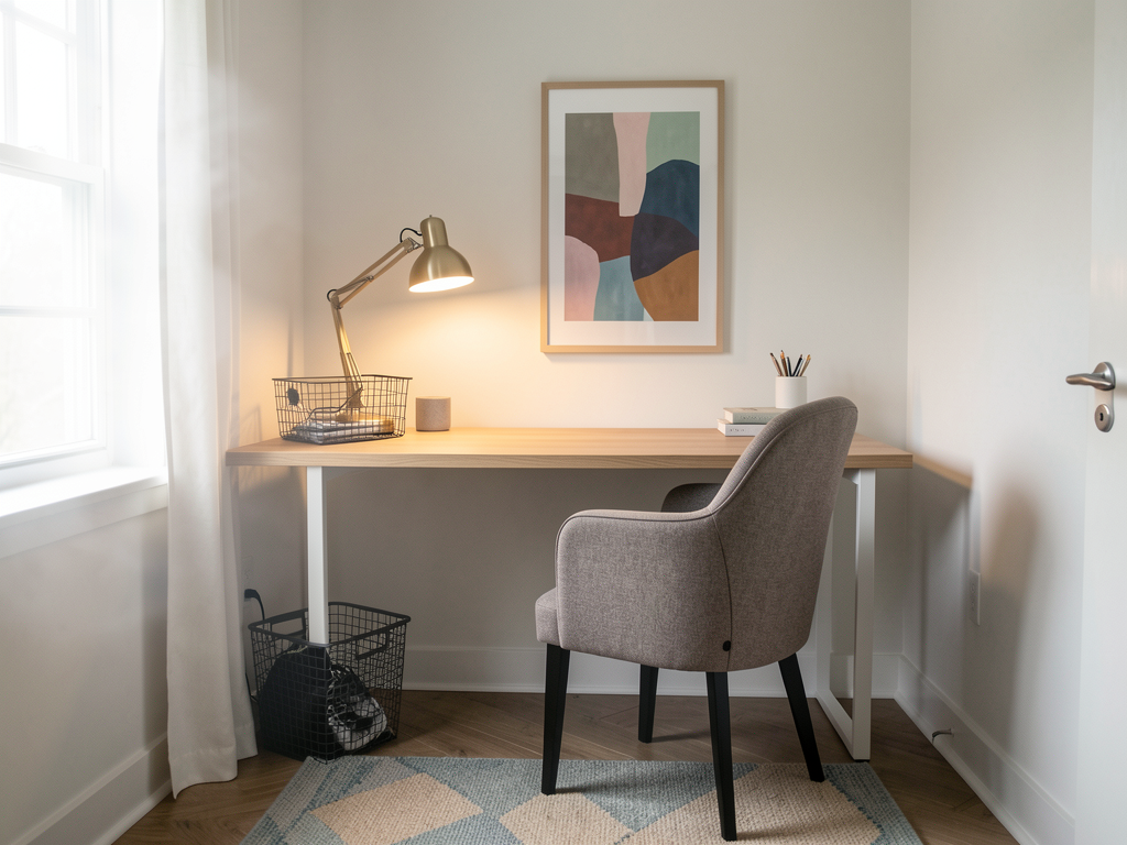 Compact home office corner with slim desk, warm lamp, cable basket, and artwork matching the living room - finished detail
