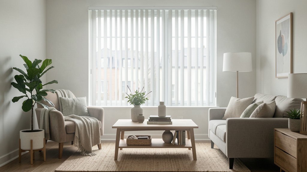 Photographic detail related to How Can I Style a Room Around Ugly Vertical Blinds I Can't Remove?