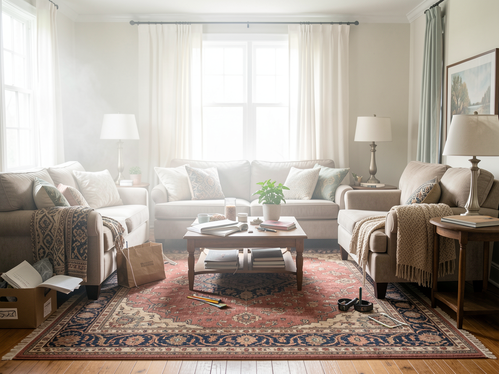 Living room being refreshed with rearranged cushions, shifted rug, lamp, and art on a sofa wall - planning view