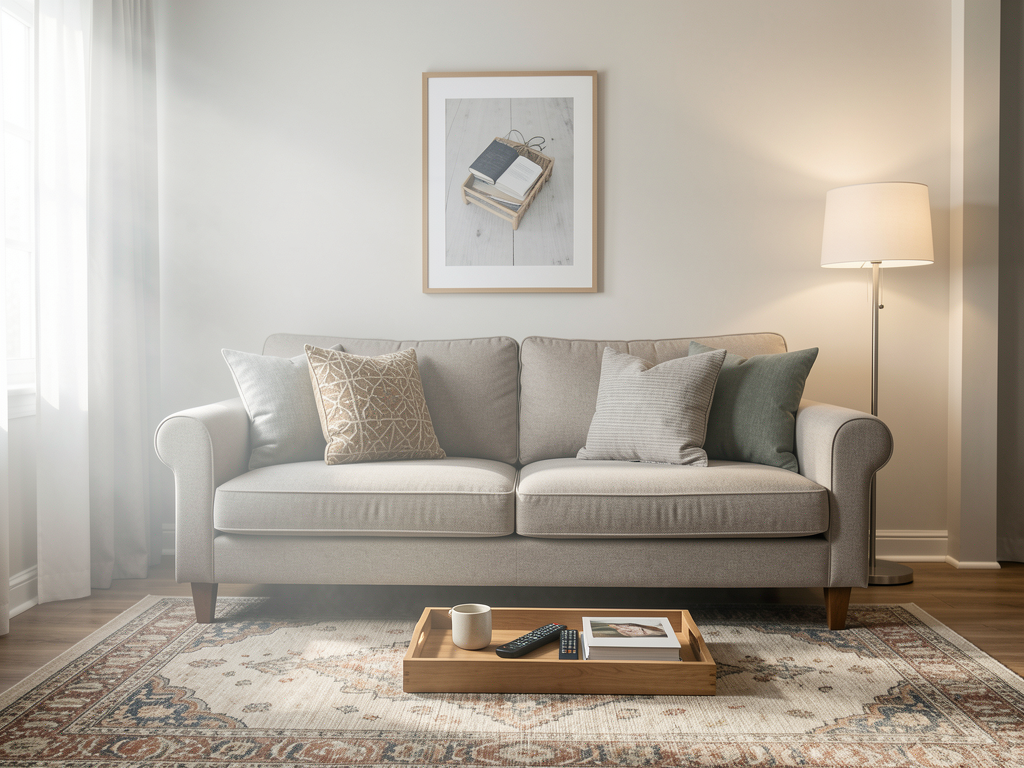 Living room being refreshed with rearranged cushions, shifted rug, lamp, and art on a sofa wall - finished detail