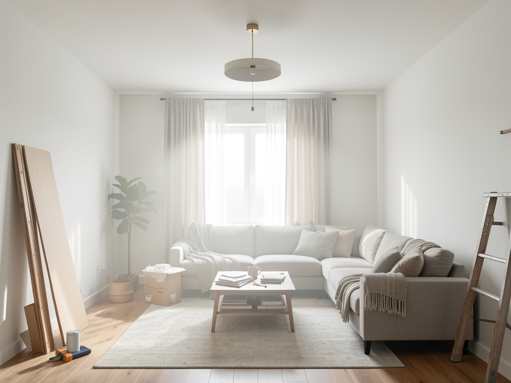 Small room with low ceiling improved by high curtains, vertical art, low furniture, and upward lamp glow - planning view