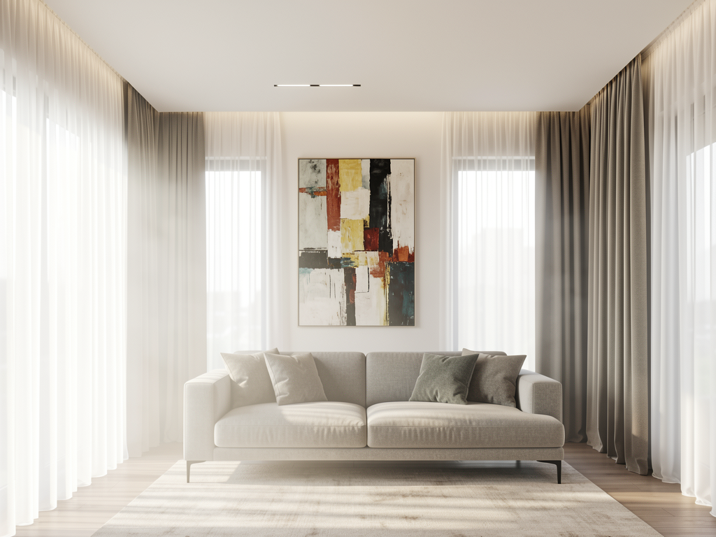Small room with low ceiling improved by high curtains, vertical art, low furniture, and upward lamp glow - finished detail