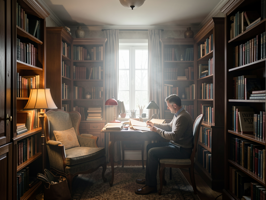 Small reading room with deep green wall, warm lamp, light ceiling, and restrained brass and linen accents - planning view