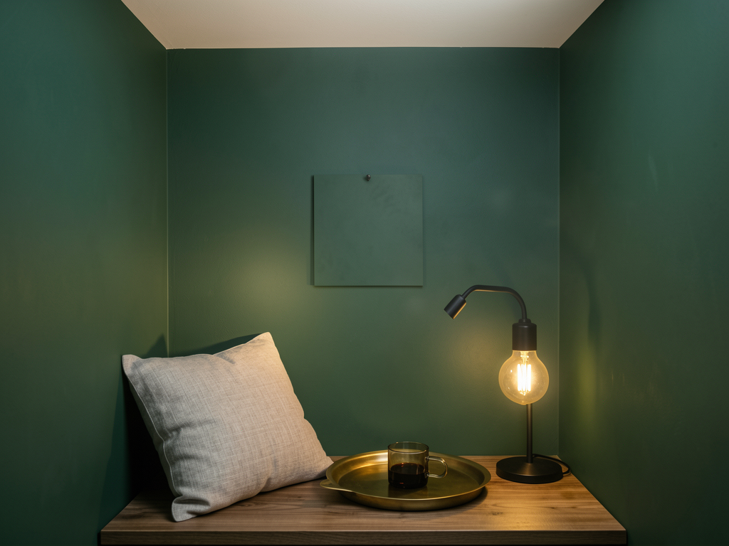 Small reading room with deep green wall, warm lamp, light ceiling, and restrained brass and linen accents - finished detail