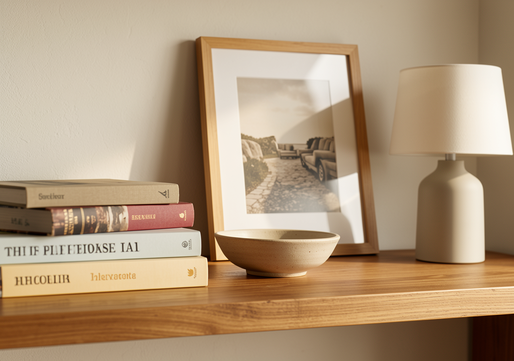 A living room shelf with books, a ceramic bowl, one framed print, and a small lamp being edited in afternoon light