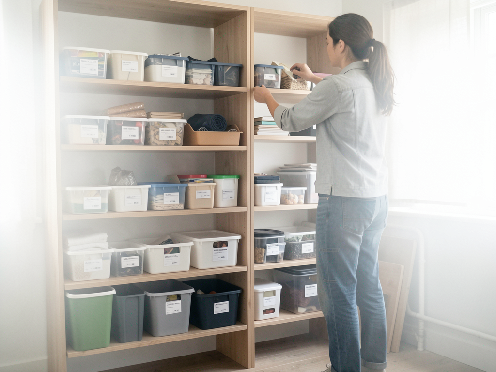 Open storage shelves with repeated baskets, folded textiles, ceramics, and intentional empty space - planning view