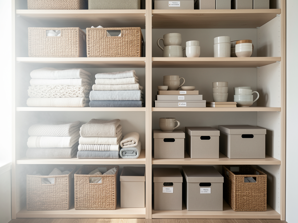 Open storage shelves with repeated baskets, folded textiles, ceramics, and intentional empty space - finished detail