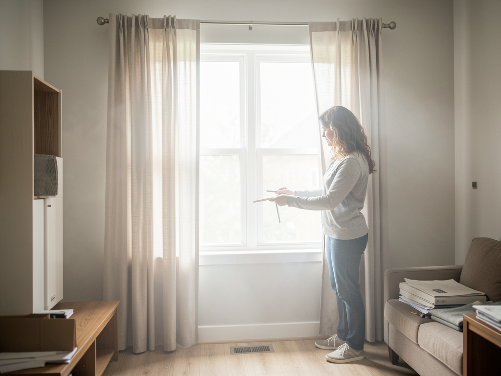 Rental apartment window with high curtains, removable rod, linen panels, and daylight control - planning view