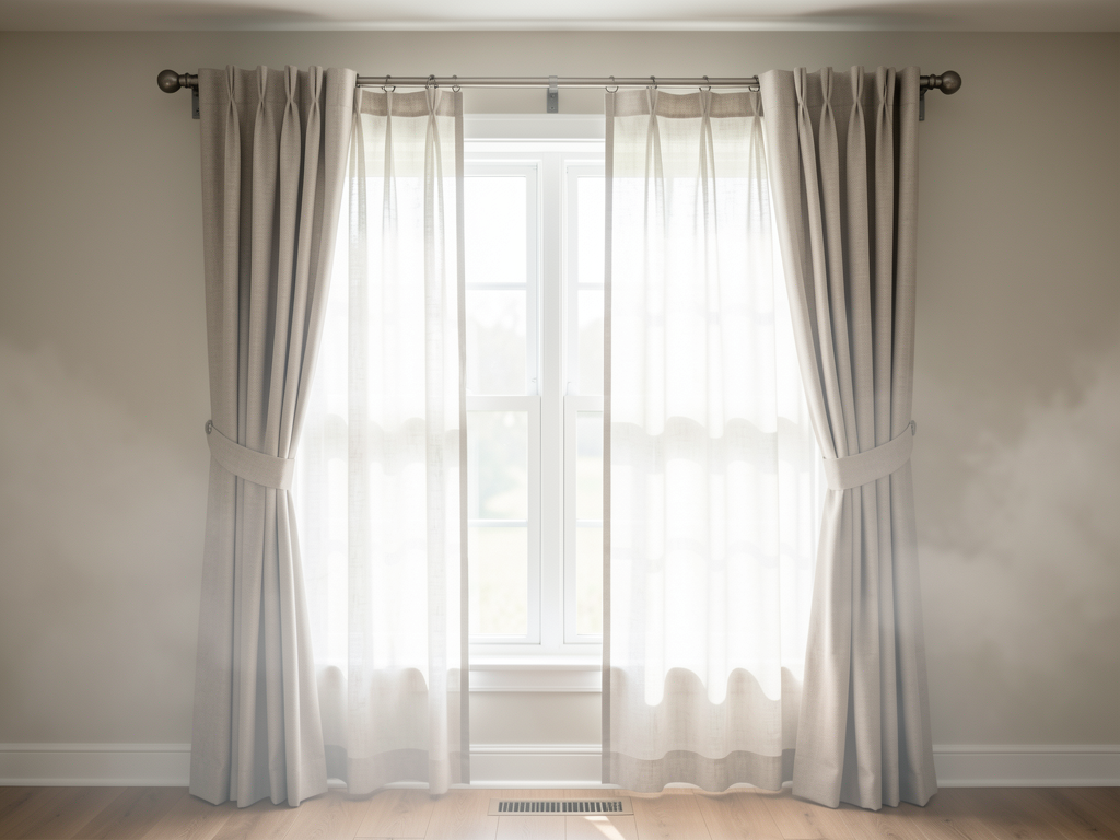 Rental apartment window with high curtains, removable rod, linen panels, and daylight control - finished detail
