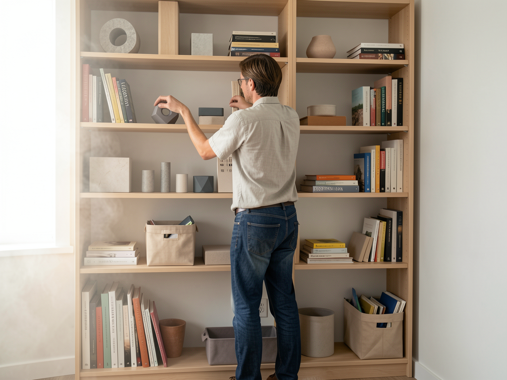 Bookshelf styled with books, boxes, framed photo, plant, and usable storage zones - planning view