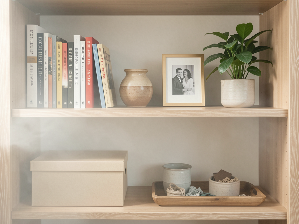 Bookshelf styled with books, boxes, framed photo, plant, and usable storage zones - finished detail