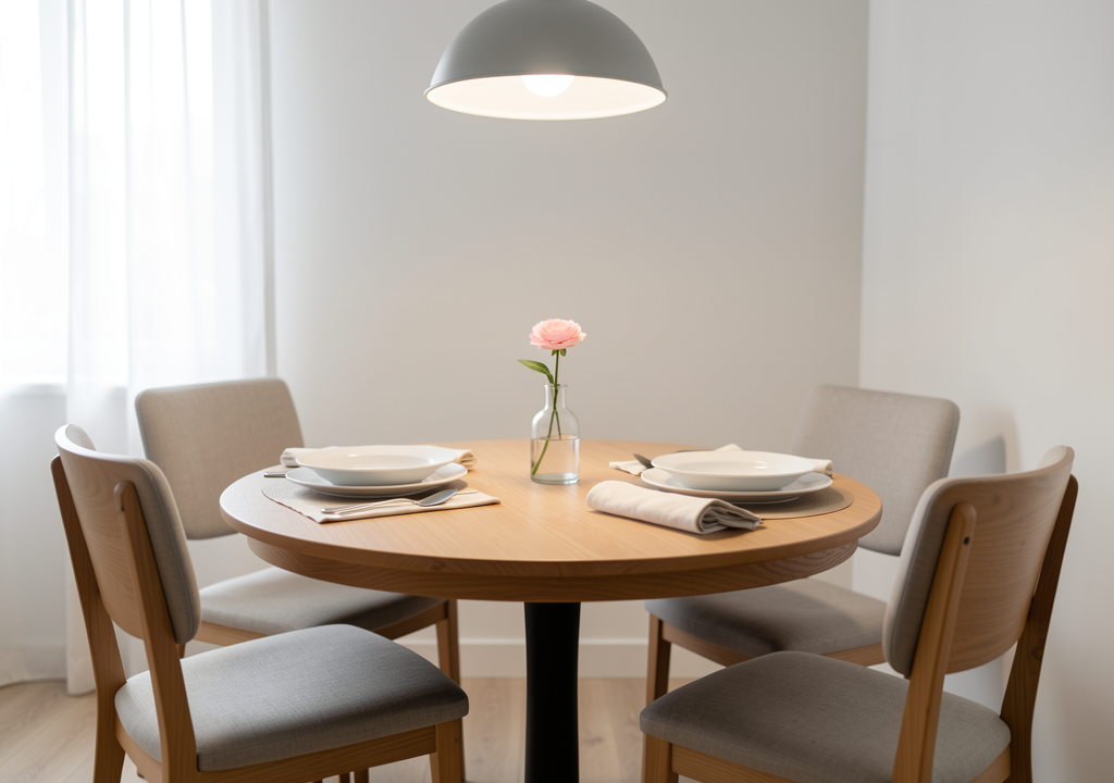 Small apartment dining nook with round table, two chairs, pendant light, and wall hooks near kitchenette - planning view