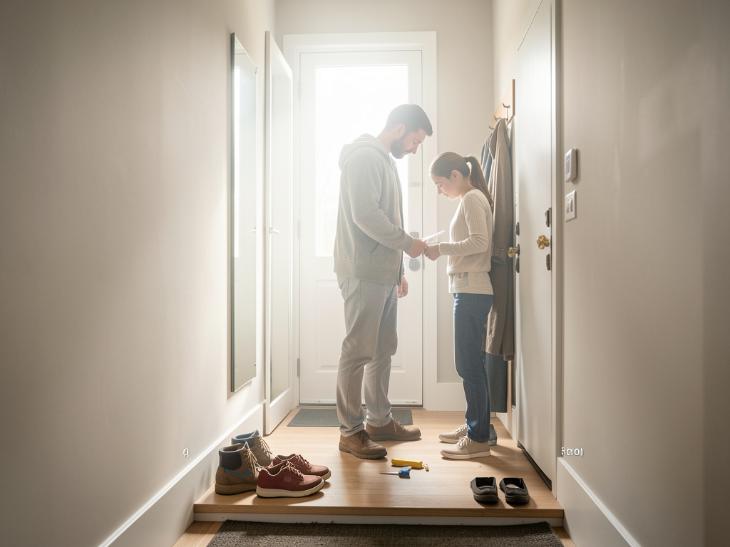 Small entryway with slim console, round mirror, hooks, tray, and narrow runner rug - planning view