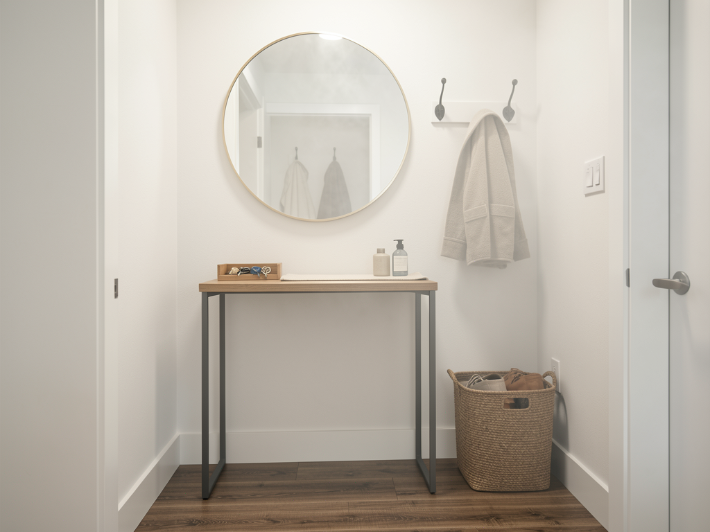 Small entryway with slim console, round mirror, hooks, tray, and narrow runner rug - finished detail