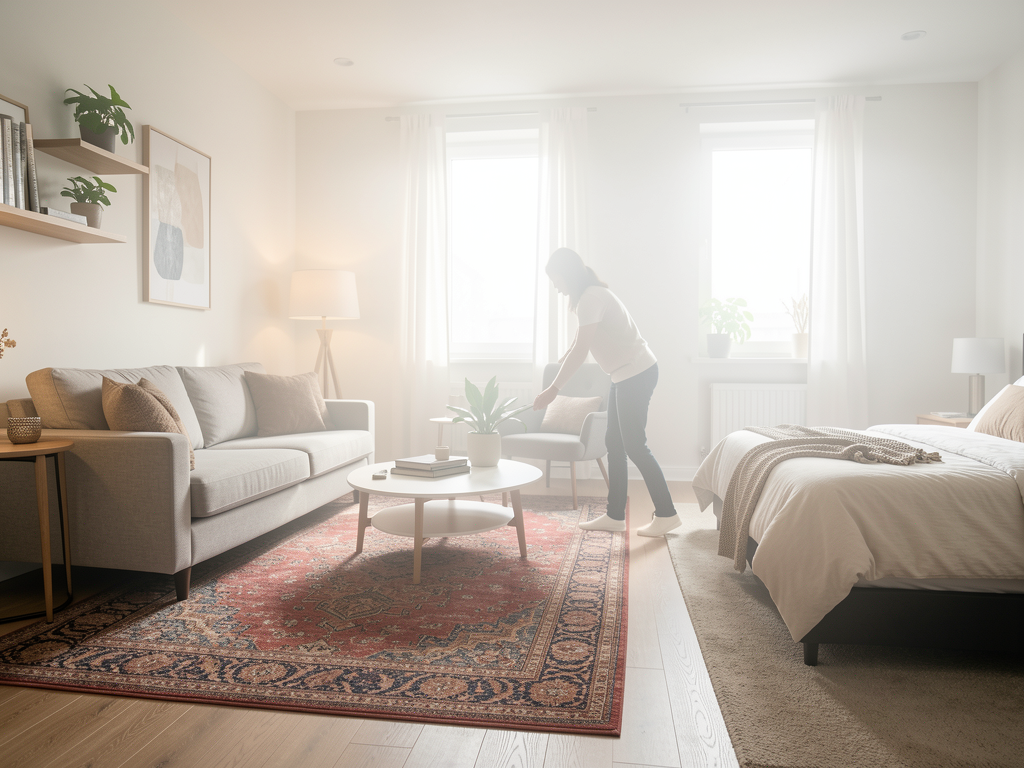 Studio apartment with distinct sleeping, living, and work zones defined by rugs and warm lighting - planning view