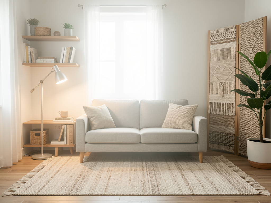 Studio apartment with distinct sleeping, living, and work zones defined by rugs and warm lighting - finished detail