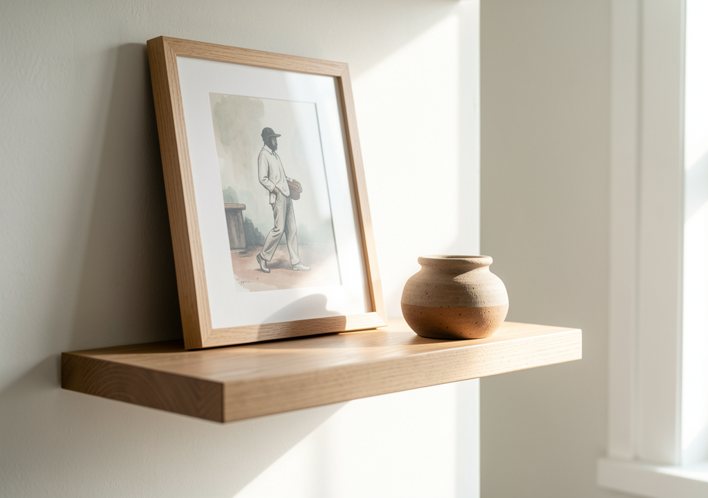 Floating art ledge with layered frames, one small object, controlled overlap, and breathing room - planning view