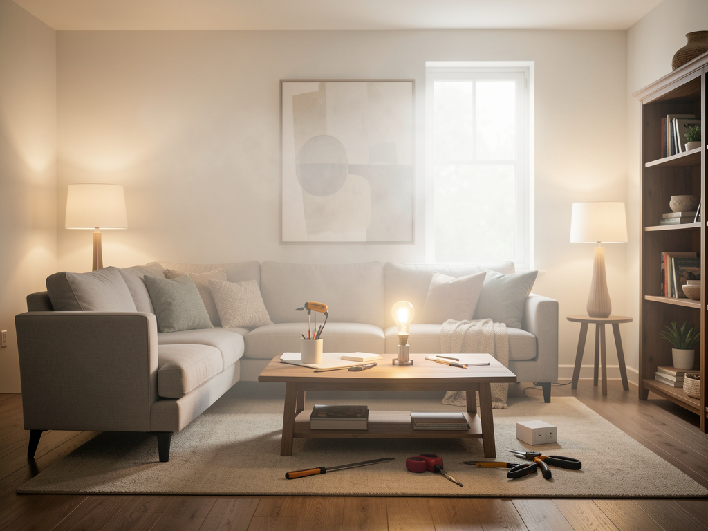 Living room with ceiling light, task lamp, and accent shelf light showing three lighting layers - planning view