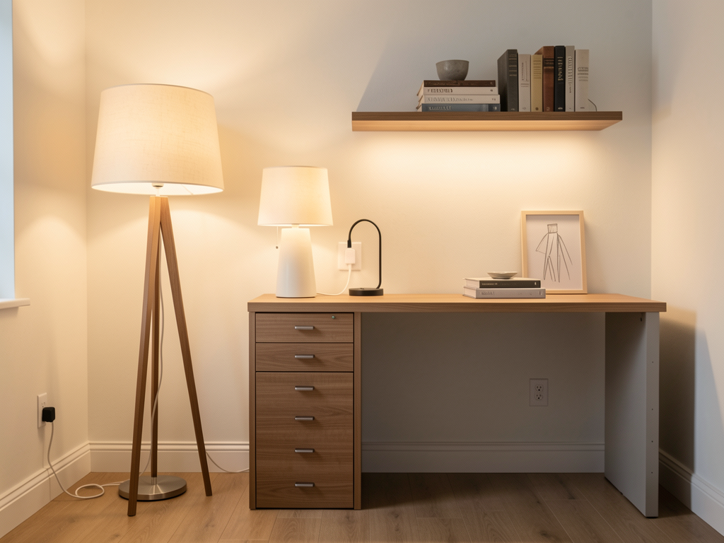 Living room with ceiling light, task lamp, and accent shelf light showing three lighting layers - finished detail