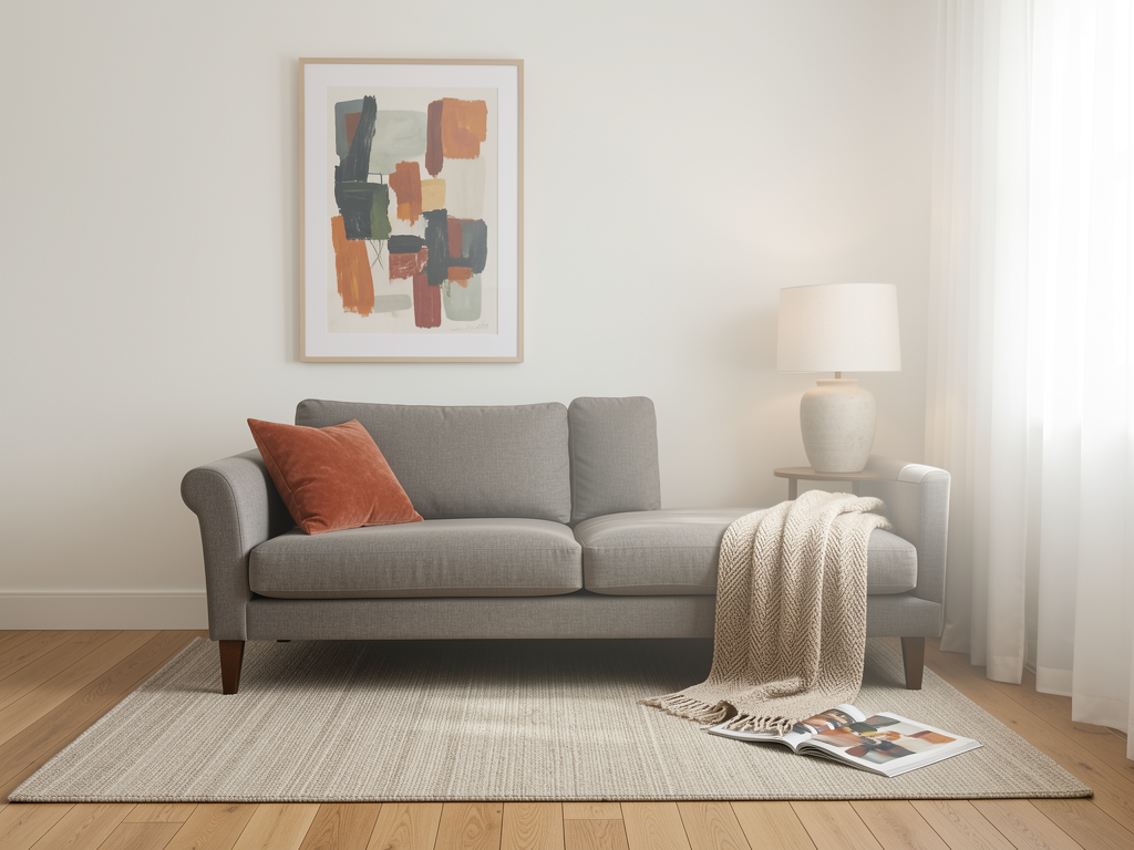 Rental apartment palette with beige base textiles, muted terracotta accents, art, pillows, and removable decor - finished detail