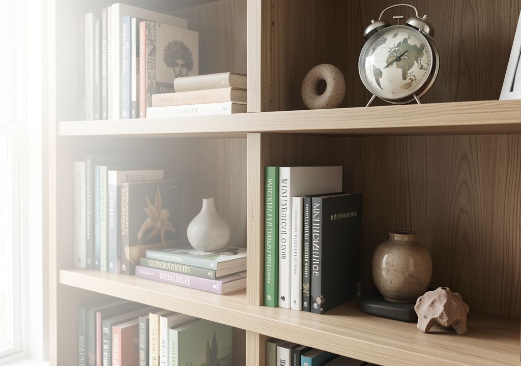 Vertical storage wall with rails, hooks, and repeated baskets in neutral tones with intentional empty space - planning view