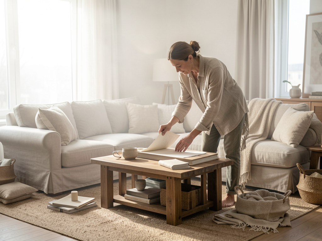 Warm neutral living room with textured rug, linen sofa, wood table, clay vase, and layered cream tones - planning view