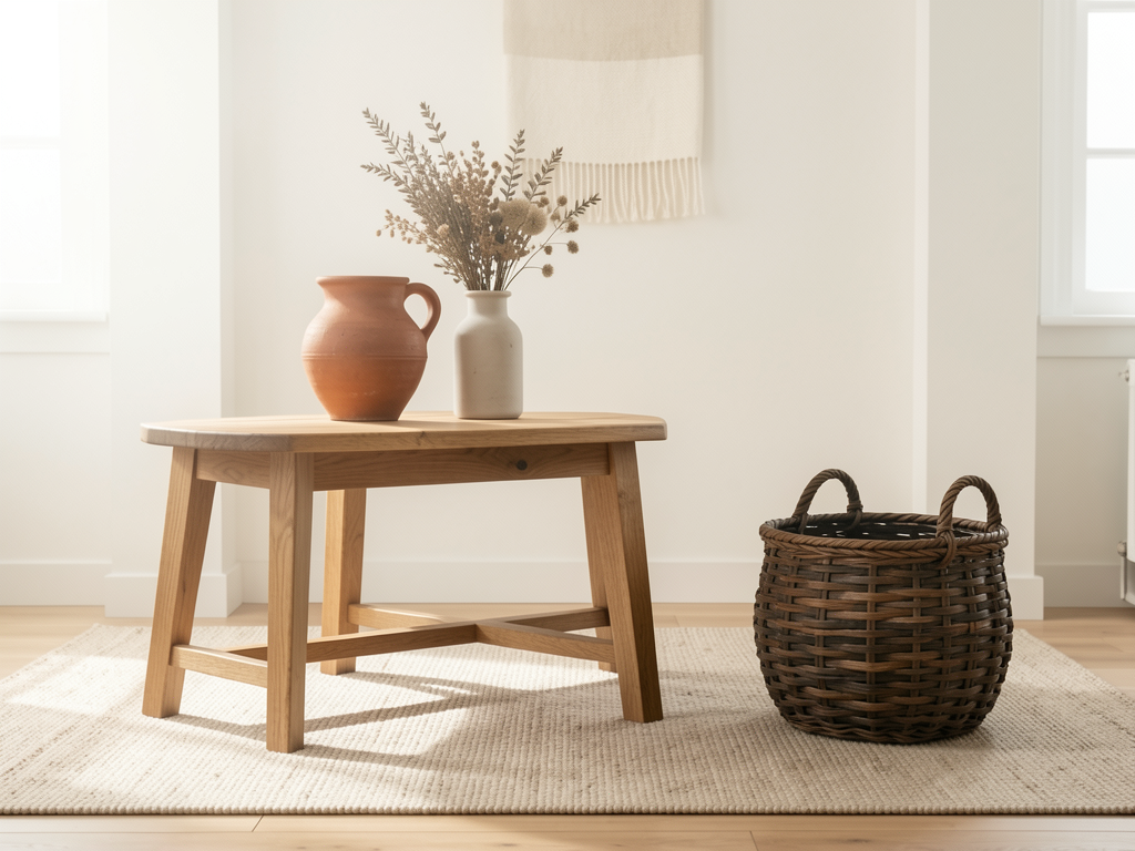 Warm neutral living room with textured rug, linen sofa, wood table, clay vase, and layered cream tones - finished detail