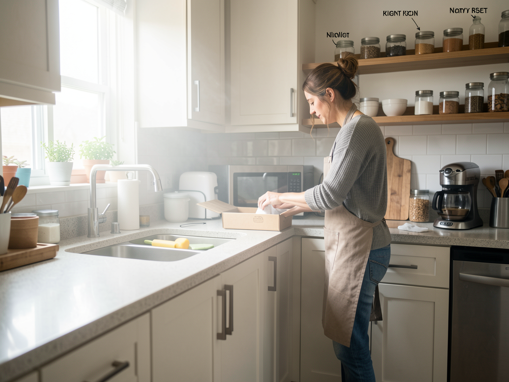 Kitchen counter reset with clear zones, wooden board, ceramic utensil jar, cleaned appliances, and edited labels - planning view