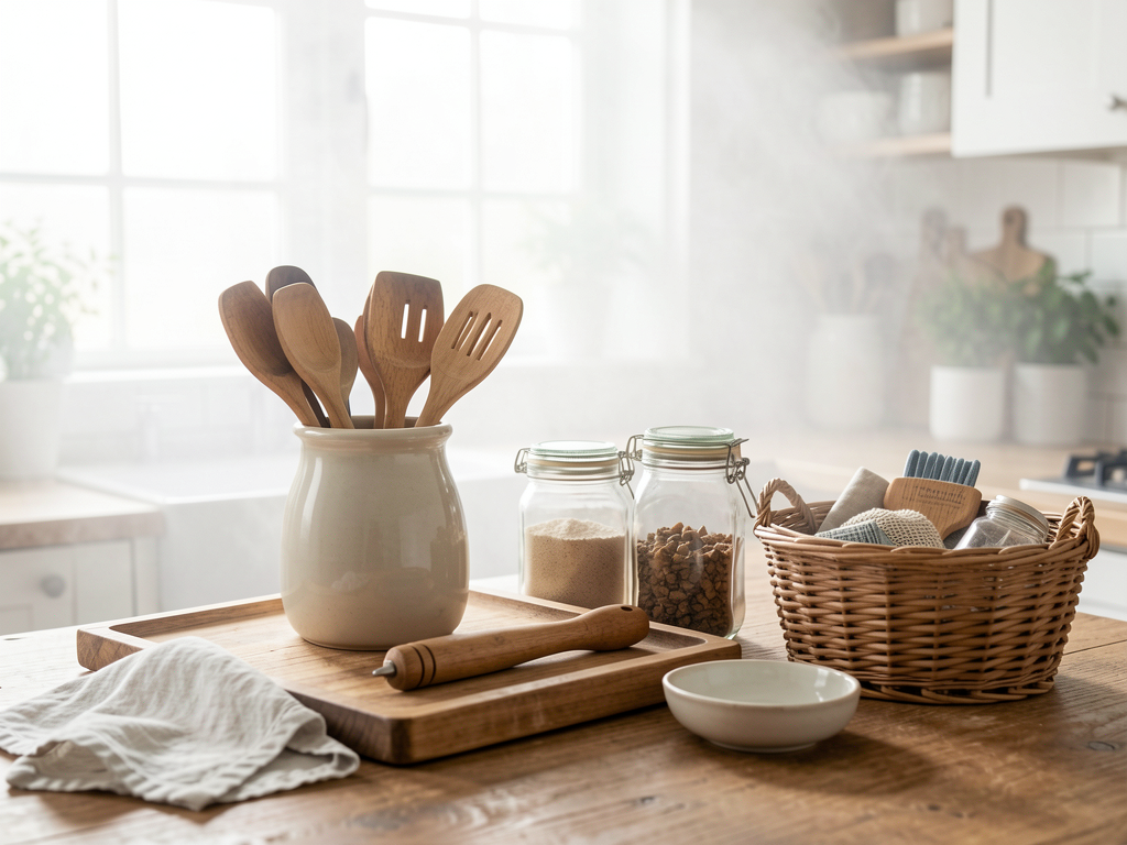 Kitchen counter reset with clear zones, wooden board, ceramic utensil jar, cleaned appliances, and edited labels - finished detail